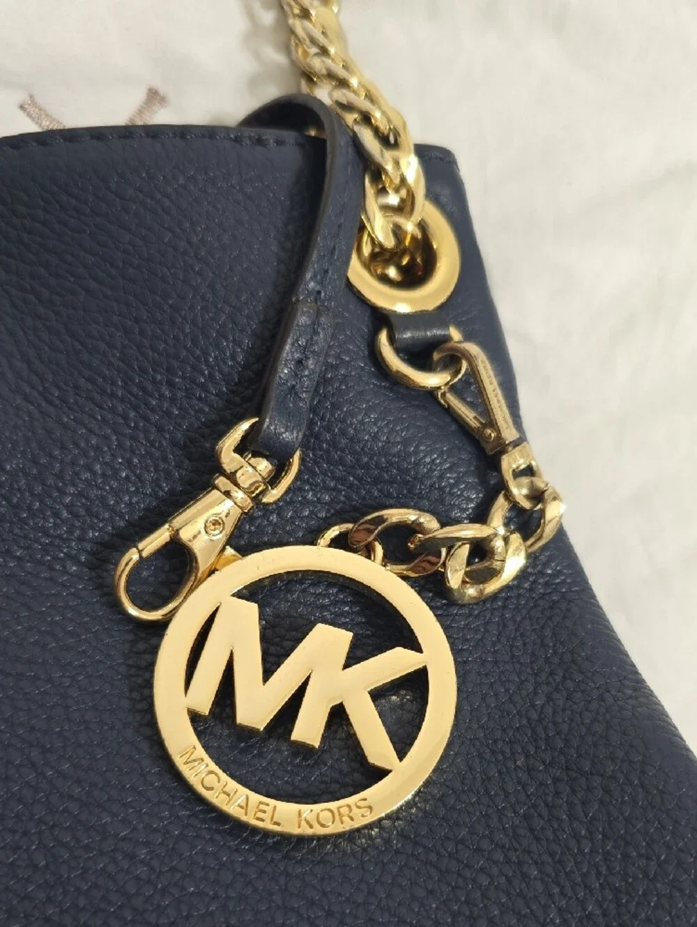 Michael Kors Navy Leather Shoulder Bag with Gold Hardware and MK Charm